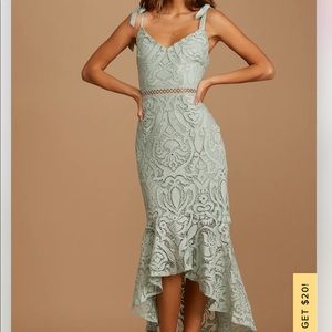 NWT Lulu’s Won Your Heart Sage Green Lace Tie-Strap High-Low Midi Dress- Size L